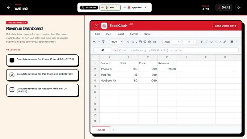 Battle Mode - ExcelClash Hands-on Spreadsheet Learning
